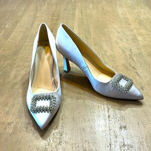 Nine West light gray/silver satin heels with rhinestones.  Size 9.